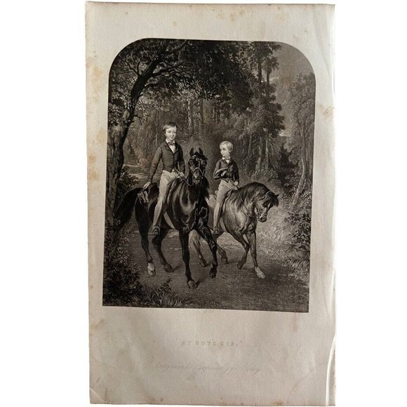 Boys On Horses Riding In Woods Engraving 1859 Victorian Godey Art DWY5G - Picture 2 of 2